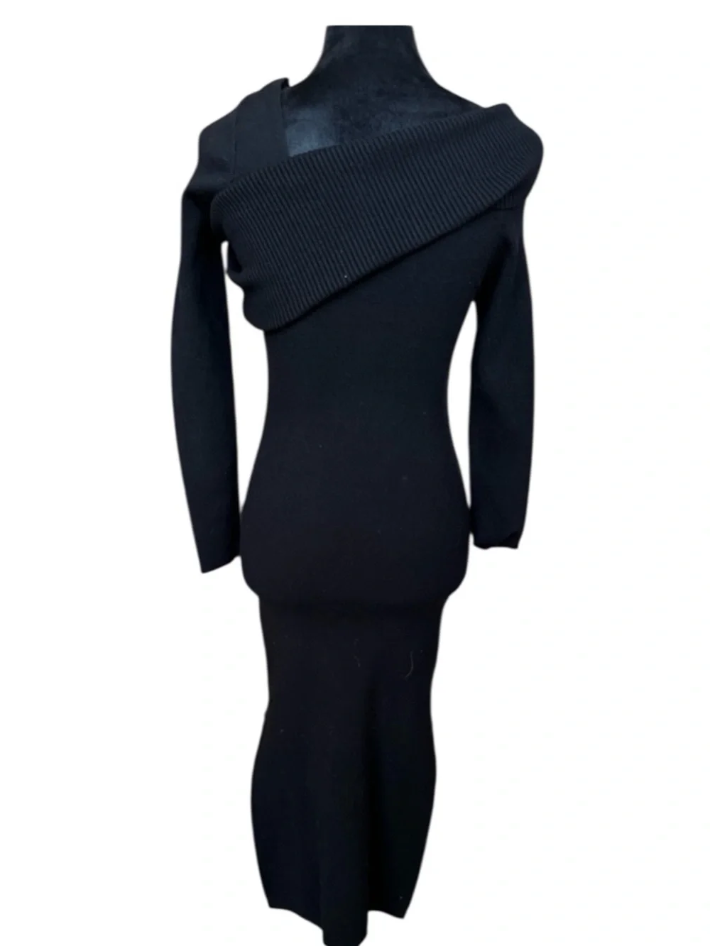 Line and Dot Black One Shoulder Knit Midi Dress Sml Fitted Asymmetrical Foldover